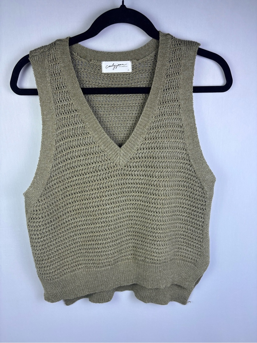 Carly Jean Los Angeles Sage Green Open Knit V Neck Sweater Vest M